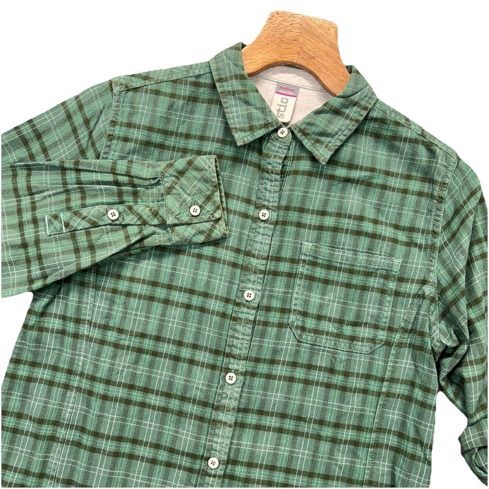Stio Flannel Shirt Women Medium Green Button Up Roll Tab Sleeves Plaid Outdoor